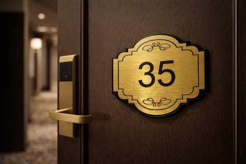 Numerek na drzwi grawerowany - złoty szczotkowany laminat 75 x 70 mm