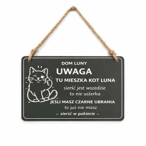 Tabliczka - Tu mieszka kot z humorem – dekoracja na drzwi ze sznurkiem