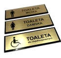 Tabliczka na drzwi TOALETA – męska, damska, dla niepełnosprawnych – złoto szczotkowane + czarne plexi – 21 × 7 cm