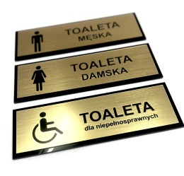 Tabliczka na drzwi TOALETA – męska, damska, dla niepełnosprawnych – złoto szczotkowane + czarne plexi – 21 × 7 cm